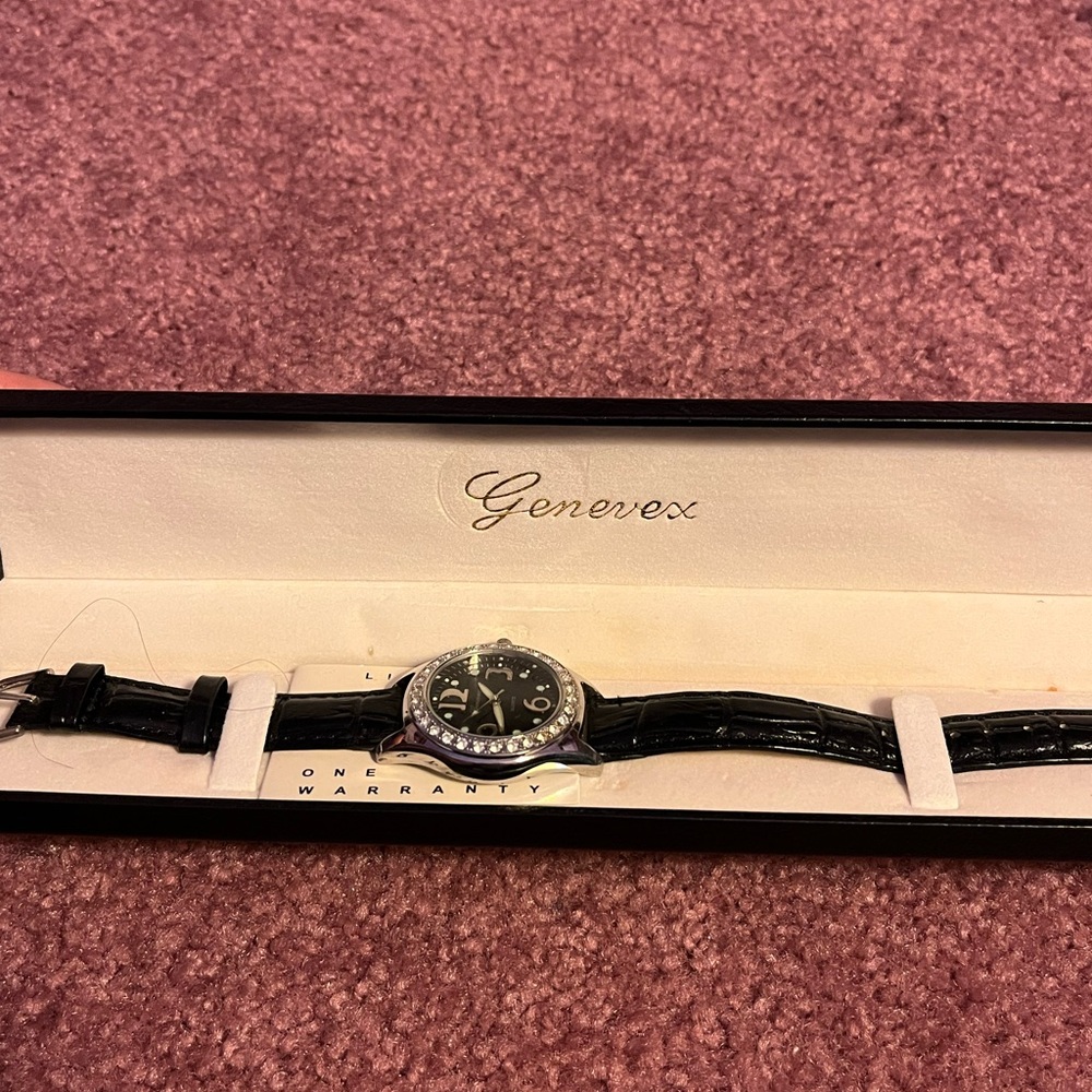 Genevex Black Leather Strap Watch